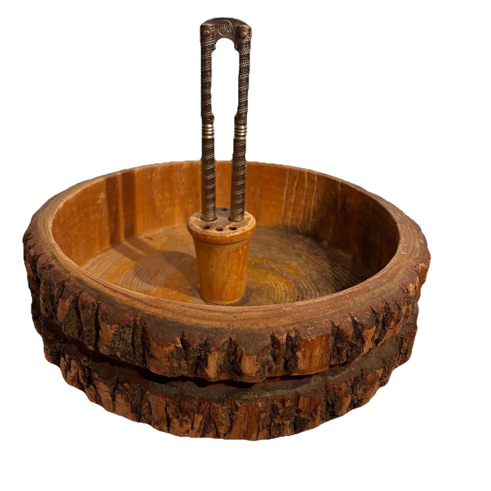 Vintage Live Edge Wood Nut Bowl With Metal Cracker With Built In Tool Holder 9”